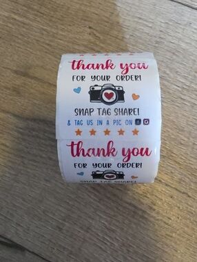 Thank You Order Stickers Roll - Red Script with Blue & Orange Accents